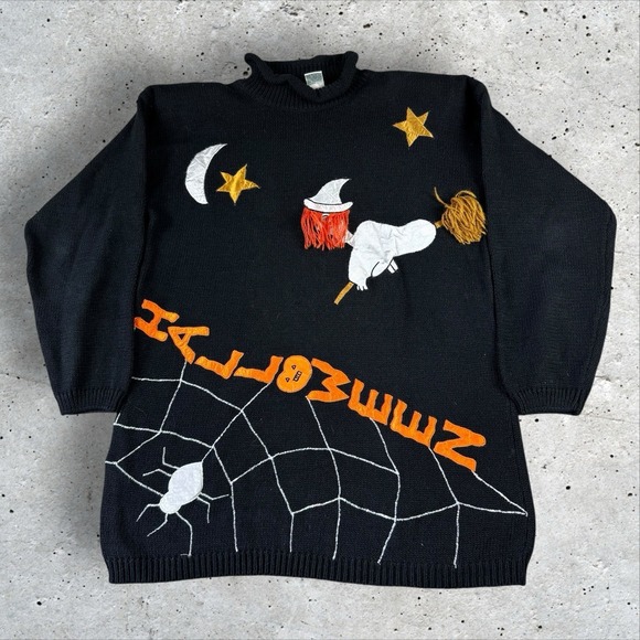 Sweaters - Vtg Halloween Fall Witch Spooky Spider Embroidered Knit‎ Jumper Sweater Sz S